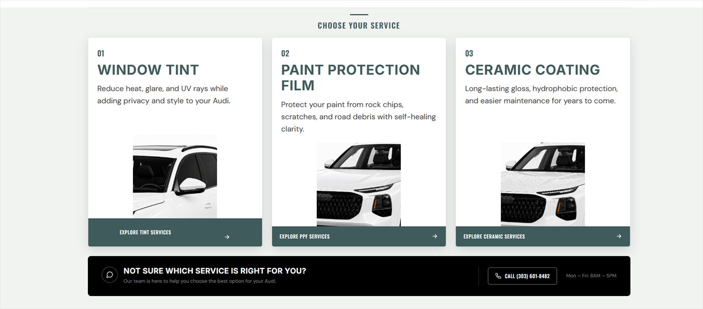 Boulder Auto Detail Choose Your Service cards for window tint, paint protection film, and ceramic coating