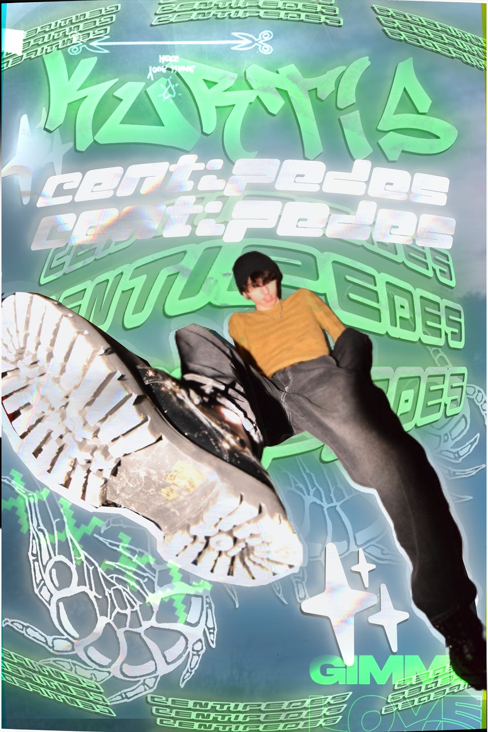 Centipedes poster: green graffiti-style lettering over a collage with a figure sitting on a large boot sole