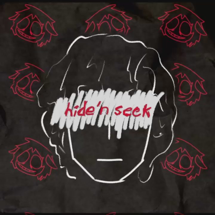 Rouri 404 Kurtis promo, video poster: a white line drawing of a face with the words hide'n seek scrawled across the eyes, on a dark textured background with red patterns