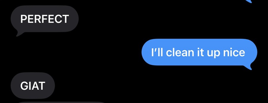 Text message screenshot with the messages "PERFECT", "I'll clean it up nice" and "GIAT"