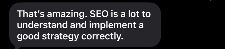 Text message screenshot reading "That's amazing. SEO is a lot to understand and implement a good strategy correctly."