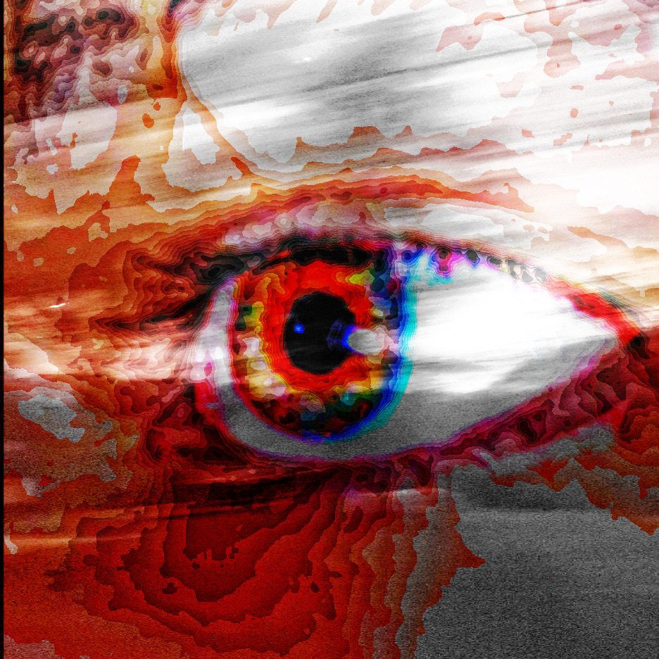 The Eye Within: a close-up of an eye in red tones with a glitched, melting texture